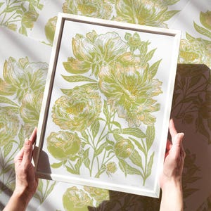 Cottagecore Acquerello Peonie Gialle Fiori Lime Crema Pianta Verde Arte Murale Estiva Linoleografia Stampa Opera d'Arte Originale Cucina Natura Decorazione