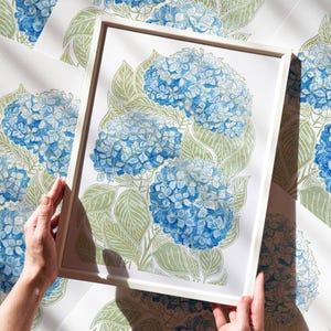 Lime Cream Linocut Print Watercolor Blue Hydrangea Flower Cottagecore Botanical Wall Art Thanksgiving Decor Original Artwork New Home Gift
