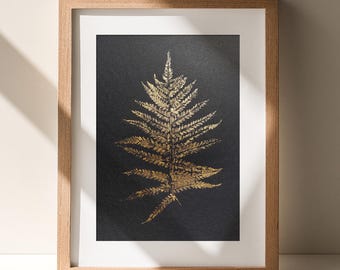 Forestcore Gold Fern Leaf Monotype Print Minimalist Original Monoprint Artwork Home Office Laundry Wall Art Reading Nook Decor One of a Kind