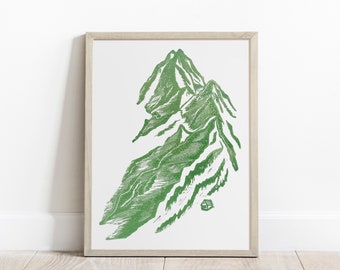 Linocut print Light green mountain with house Original artwork Printmaking art for New home or Nature lover gift Bedroom wall decor UNFRAMED