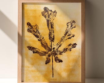 Forestcore Fig Leaf Monotype Print Gold Paper Relief Printmaking Original Artwork Herb Botanical Wall Art Decor Entryway One of a Kind