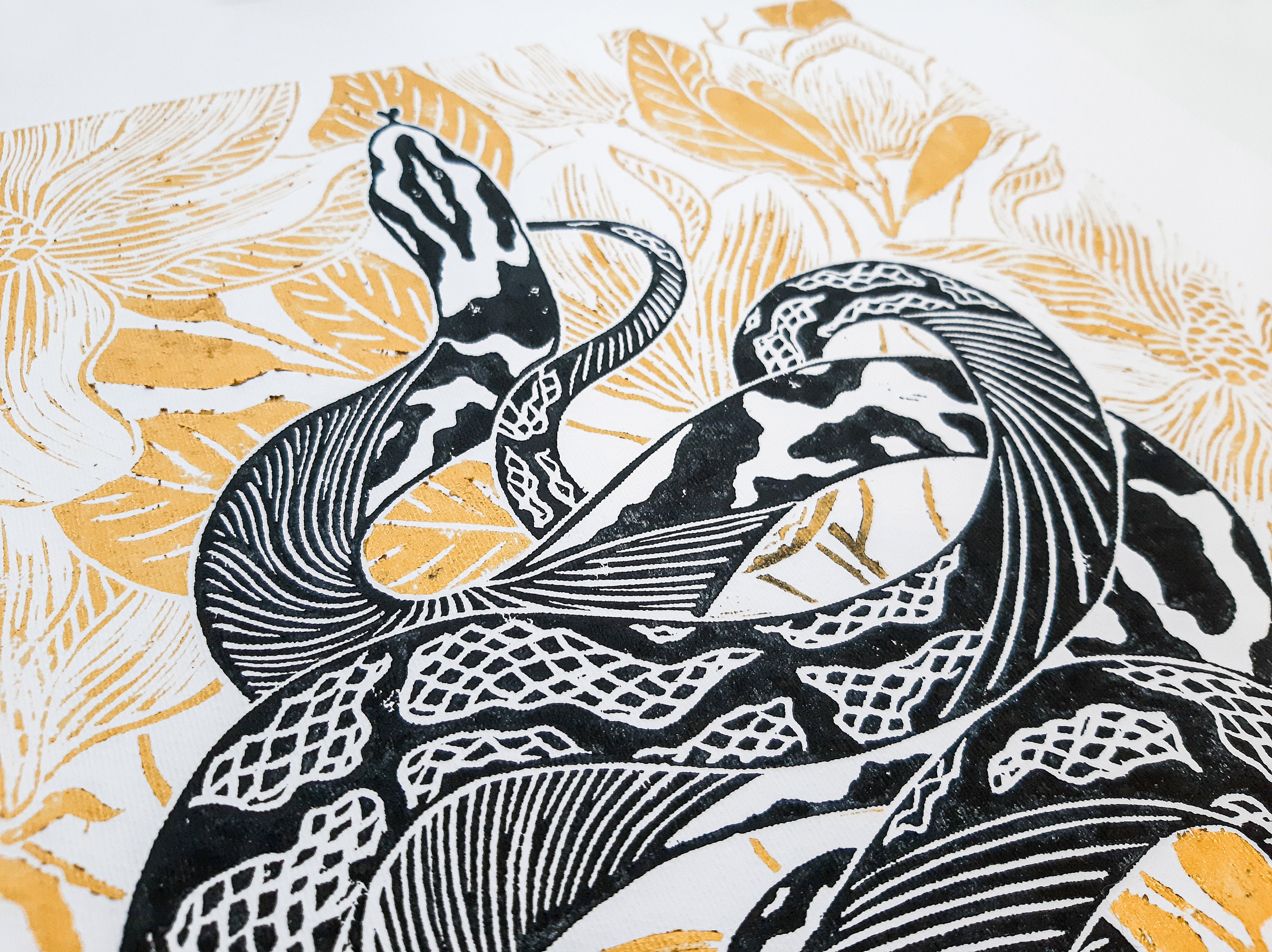 Black and gold floral snake Original linocut print Reptile Etsy