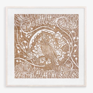 Stampa linoleografica Mocha Mouse Arte murale alla moda Colore dell'anno 2025 Decorazione murale Arte botanica Opera d'arte fatta a mano Decorazione soggiorno Saldi di liquidazione