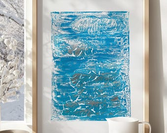 Japandi Christmas Cool Blue Contemporary Abstract Monotype Print Silver Relief Original Artwork Nordic Lodge Decor Wall Art One of a Kind