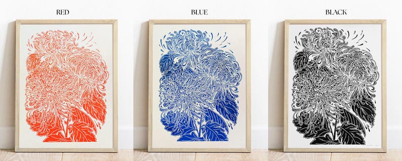 red blue black chrysanthemum japanese wall art flower lino linocut print original artwork printmaking botanical bedroom decor cottagecore hostess gift linogravure thanksgiving table rustic christmas living room teacher appreciation back to school linoldruck floral nature educators new apartment handprinted large entryway farmhouse mother mom wife girlfriend sister godmother grandmother lover housewarming home dining kitchen dorm Rustic Handmade Thank You Coworker Gratitude Mentor Say Thanks
