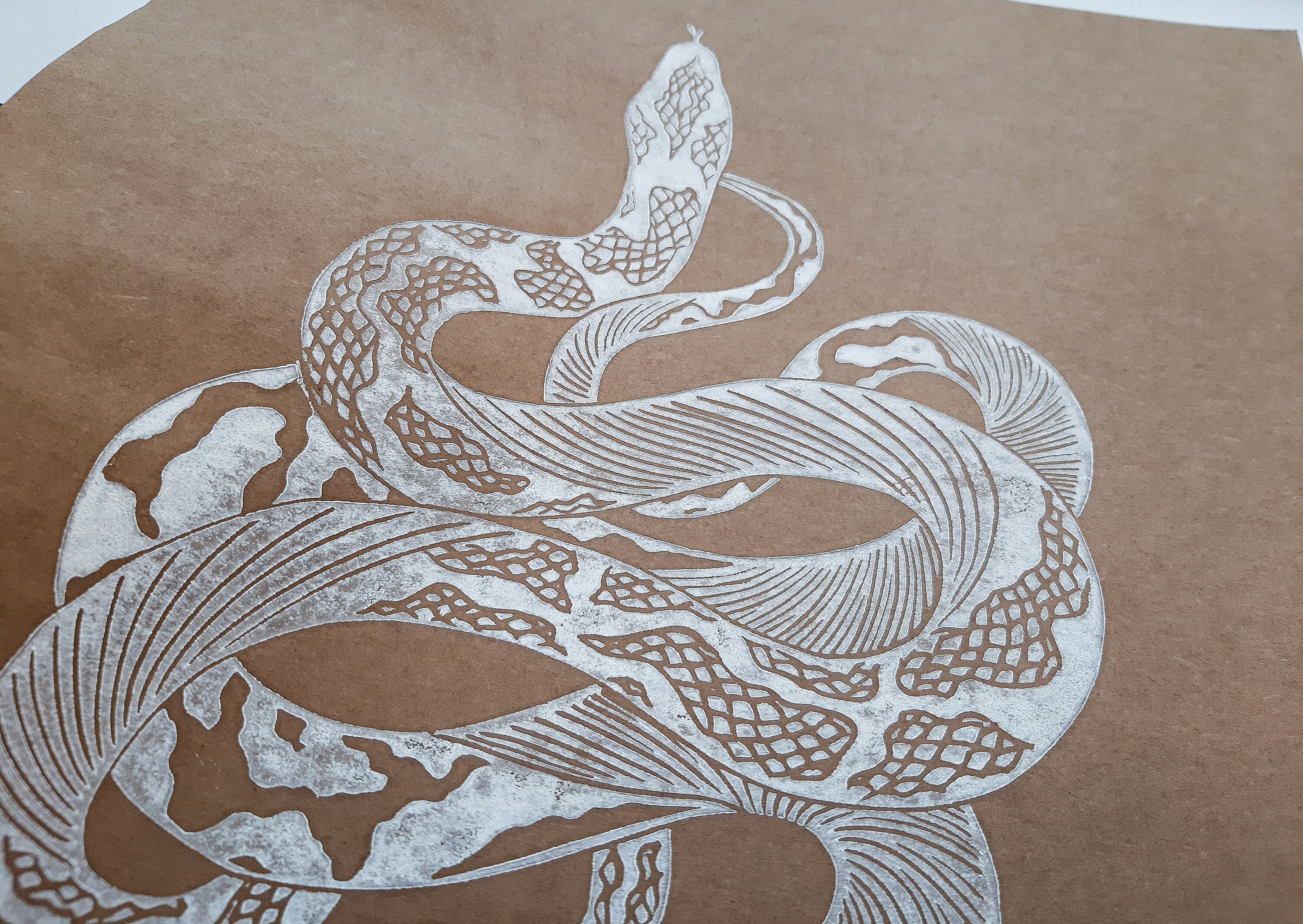Boho black and white antique Original linocut snake art print Etsy