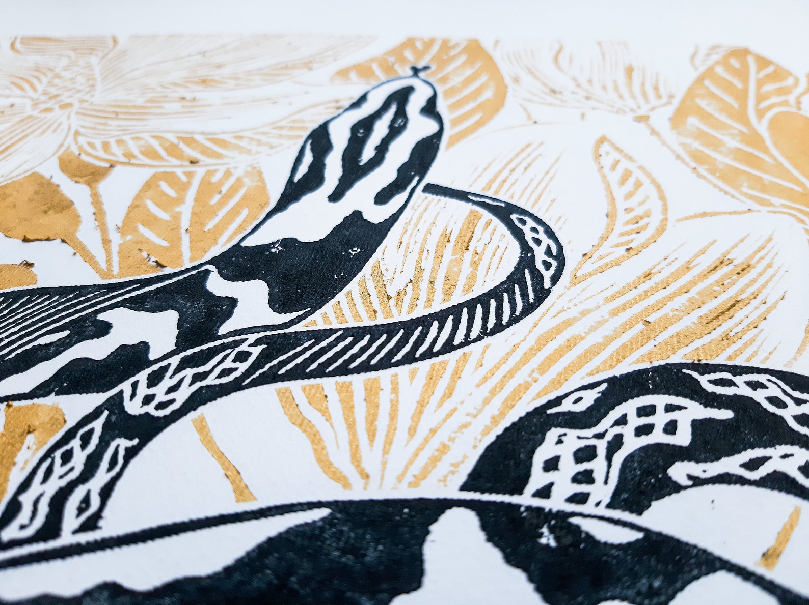 Black and gold floral snake Original linocut print Reptile Etsy