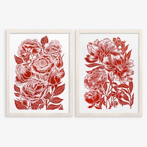 Set di 2 opere d'arte da parete con rose bordeaux e peonie Stampa linoleografica Arte botanica originale da parete Regalo per gli amanti della natura Decorazione per soggiorno e camera da letto