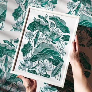 Grabado en linóleo de flor de loto japonesa, obra botánica original, impresión artística para pared, naturaleza moderna, cocina, decoración de casa de campo inglesa, regalo para hermana