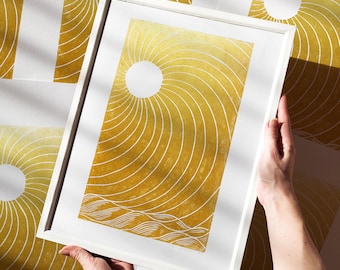 Linocut Print Gold Japanese Sun Sea Landscape Wall Art Original Artwork Relief Mid Century Modern Master Bedroom Home Office Decor Self Gift