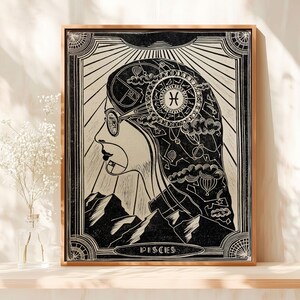 Mid Century Modern Personalizowany Znak Zodiaku Linoryt Druk Portret Kobiety Oryginalne Dzieło Sztuki Duża Dekoracja Ścienna Unikalne Pomysły Na Prezent Dla Niej