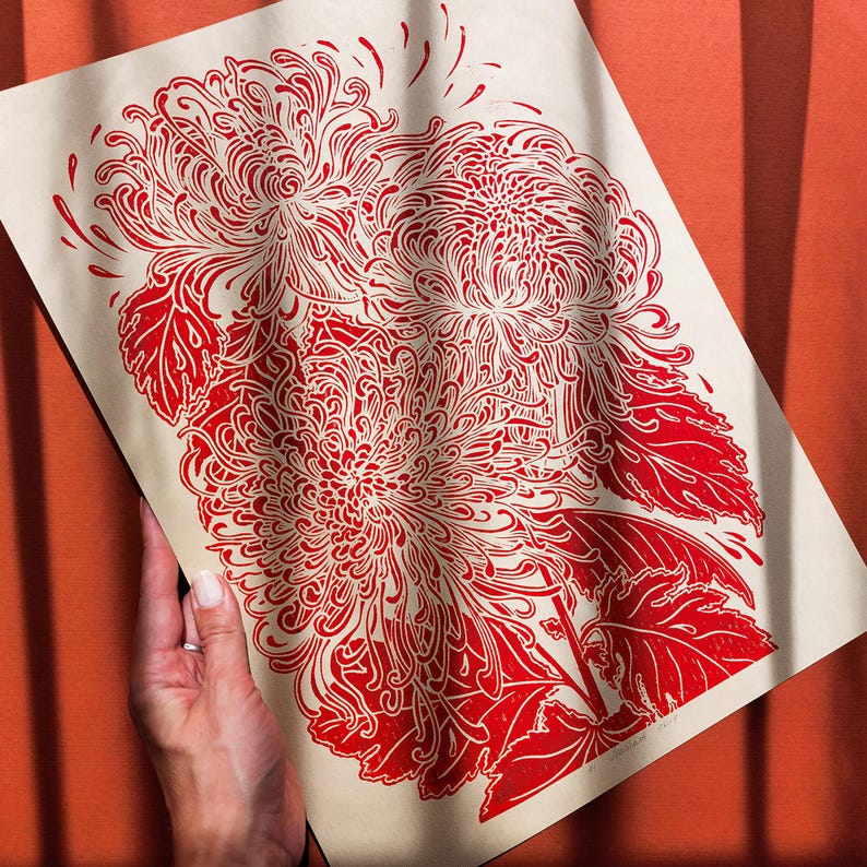 red chrysanthemum japanese wall art flower lino linocut print original artwork printmaking botanical bedroom decor cottagecore hostess gift linogravure thanksgiving table rustic christmas
living room teacher appreciation back to school linoldruck floral nature educators new apartment handprinted large entryway farmhouse mother mom wife girlfriend sister godmother grandmother lover housewarming home dining kitchen dorm Rustic Handmade Thank You Coworker Gratitude Mentor Say Thanks Unique Present