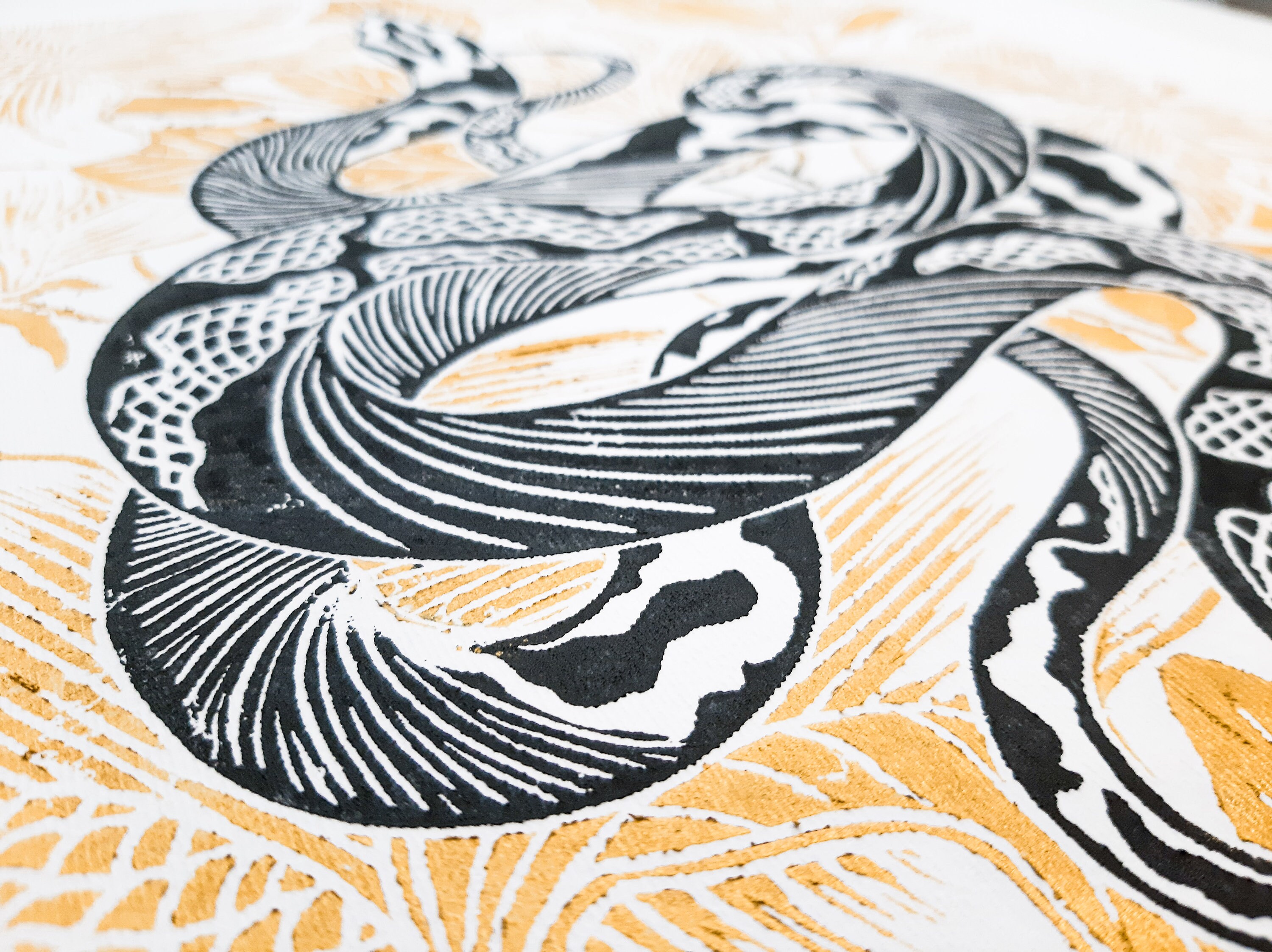 Black and gold floral snake Original linocut print Reptile Etsy