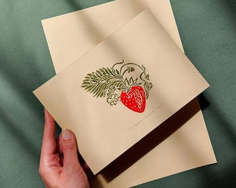 Vintage Strawberry Linocut Print Kitchen Wall Decor Botanical Original Artwork Cottagecore Lino Dining Room Art Farmhouse Gift Linogravure