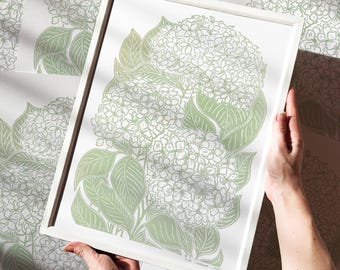 Botanical Linocut Print Hydrangea Flower Original Relief Floral Fine Artwork New Homeowner Gift Bedroom Wall Art Decor Thankful Teacher