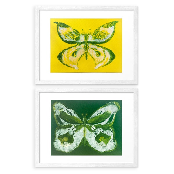 Ensemble mural de galerie d'impression monotype de 2 papillons abstraits jaunes et verts Mini oeuvre d'art originale Gravure de peinture pour cadeau pour amoureux de la nature