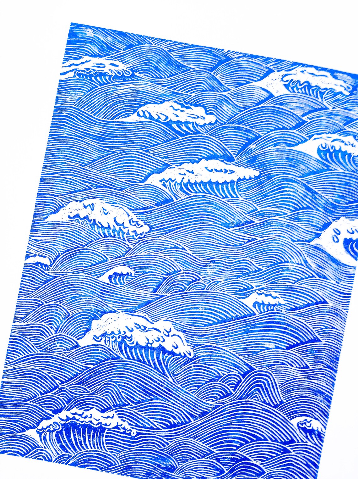 Original linocut print Blue wave art Nautical wall decor Etsy