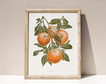 Sage green branch oranges Printable linocut fruits prints Relief vintage texture wall art decor Digital downloadable Modern bedroom poster