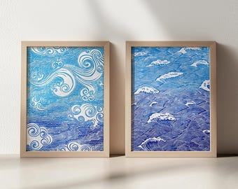 Linocut Print Set of 2 Original Artwork Blue Relief Waves Japanese Clouds Handprint Gallery Wall Art Home Office Decor Gifts for Sea Lovers