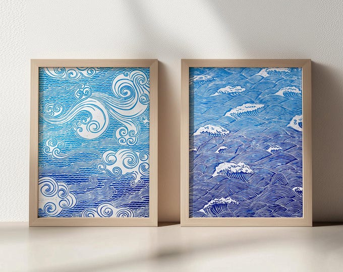 Linocut Print Set of 2 Original Artwork Blue Relief Waves Japanese Clouds Handprint Gallery Wall Art Home Office Decor Xmas Gifts Sea Lovers