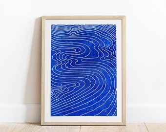 Linocut print Abstract blue water Nautical wall decor Original artwork Japanese wall art