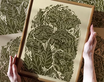 Retro Cottagecore Sage Green Poppy Flowers Linocut Print Floral Original Artwork Bedroom Rustic Kitchen Wall Art Relief Decor Self Gift