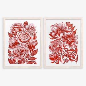 Galleria di stampe in linoleografia Set di 2 opere d'arte Rose bordeaux Fiori Linoleografia Arte murale botanica unica Linoleografia floreale Arte originale senza cornice