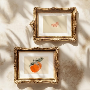 Set di 2 stampe di linoleum vintage con frutta e arance, opere d'arte originali, stampe artistiche botaniche retrò, decorazioni estive, cucina e sala da pranzo.