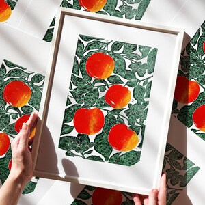 Stampa linoleografica originale Opera d'arte di mele Blocco di rilievo botanico Cucina moderna Sala da pranzo Camera da letto Decorazione murale Linoleografia Regalo per amanti della natura