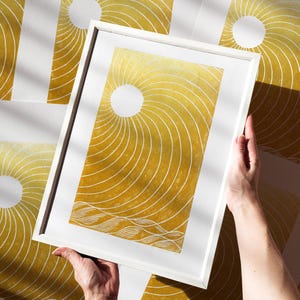 Linocut Print Gold Boho Sun and Waves Landscape Wall Art Minimalist Original Artwork Printmaking Classical Bedroom Decor New Home Gift