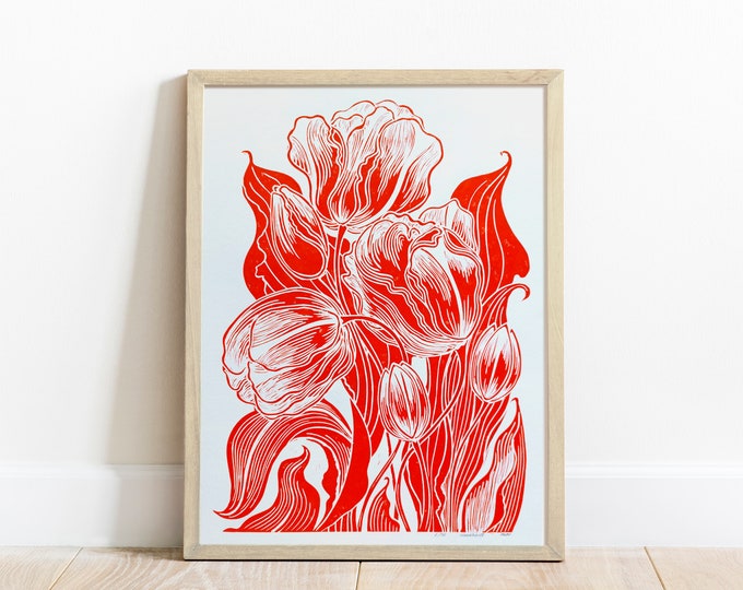 Botanical linocut print Red tulips flower Original relief artwork for Modern bedroom Living room decor or Nature lover or New home gift