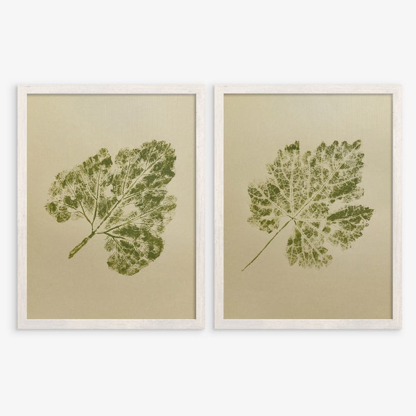 Green vintage relief leaves Gallery wall set of 2 Monotype print Minimalist printmaking bedroom art Nature lover gift Foraged decor