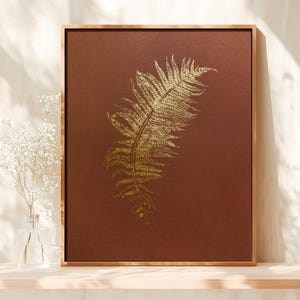 Stampa monotipo Cottagecore Gold Fern, opera d'arte originale minimalista, grande, botanica, decorazione da parete per camera da letto, regalo di inaugurazione della casa, pezzo unico