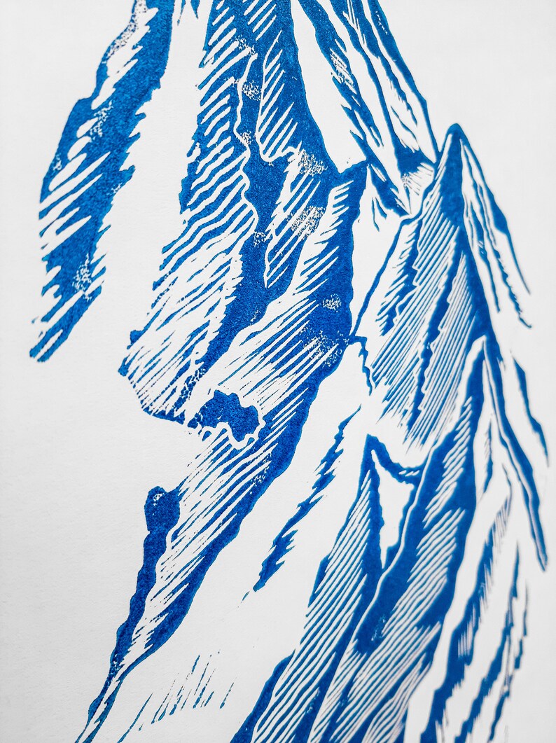 Blue Mountain Wall Art With House Linocut Print Original Etsy