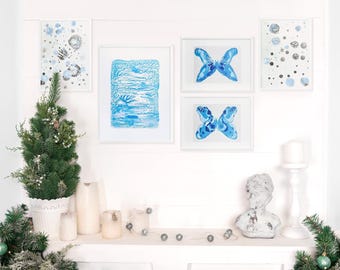 5 Stück Monotypie Druck Abstrakte Schmetterling Schneeflocken Original Kunstwerk Urlaub Winter Kunst