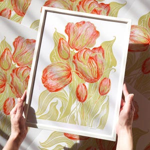 Aquarell rote Tulpen Blumen Sommer Wand Kunst Lime Cream Grün Pflanze Linoldruck Original Kunstwerk Küche Dekor Natur Housewarming Geschenk