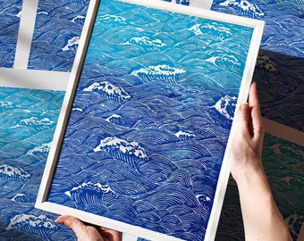 Original Ocean Linocut Print Blue Waves Nautical Artwork Printmaking Relief Linogravure Bedroom Maritime Living Wall Art Hostess Mother Gift