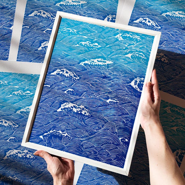 Stampa originale su linoleum dell'oceano con onde blu, opera d'arte nautica, stampa per camera da letto, soggiorno marittimo, decorazione murale, regalo di Natale per nonna, mimi e migliore amica.