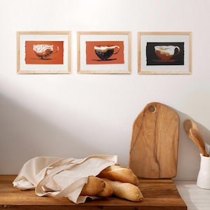 Mini Gallery Wall Set di 3 stampe monotipo di caffè, decorazione da parete moderna per cucina e sala da pranzo, opera d'arte originale, amante delle bevande calde, pezzo unico