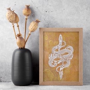 Printable linocut print White floral snake with gold magnolia flower Botanical autumn wall art poster Nature lover gift INSTANT DOWNLOAD image 2