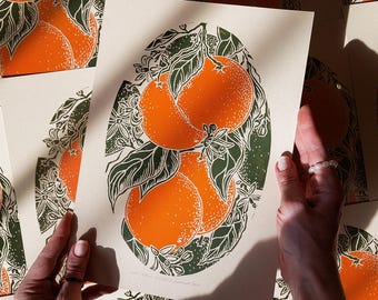 Vintage Oranges Fruits Linocut Print Cottagecore Kitchen Decor Botanical Dining Wall Art Citrus Original Artwork Moving Mom Christmas Gift