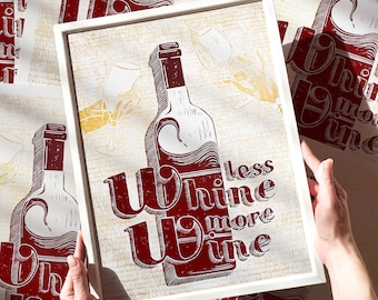 Maximalista Menos quejas Más vino Grabado en linóleo Borgoña Alcohol Obra de arte original Arte de pared para cocina Comedor Decoración de bar Regalo para novia