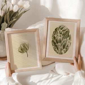 Vintage Anatomische Tulpen Blumen Linoldruck Galeriewand 2er Set Floral Original Art Cottage core Linoldruck Handgedruckte Kunstwerk Über dem Bett Dekor