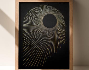 Abstract Black Gold Sun Linocut Print Sunset Arch Original Artwork Classical Minimalist Living Room Relaxation Wall Art Decor Self Gift