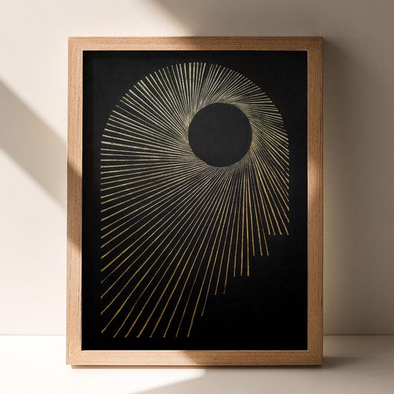 Abstract Black Gold Sun Linocut Print Sunset Arch Original Artwork Classical Minimalist Living Room Relaxation Wall Art Decor Self Gift