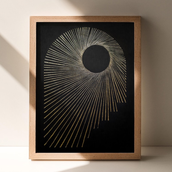 Abstract Black Gold Sun Linocut Print Sunset Arch Original Artwork Classical Minimalist Living Room Relaxation Wall Art Decor Self Gift