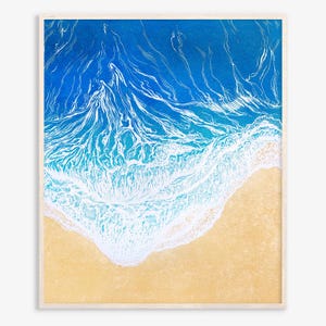 Summer Wall Art Linocut Print Ocean Waves Linocut Nautical Wall Art Sea Landscape Print Handmade Artwork Coastal Living Room Decor Blue Art