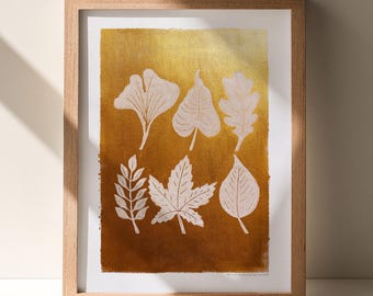 Herbst Linoldruck Weiße Blätter Gefutterter Herbst Wand Kunst Herbst Original Kunstwerk Thanksgiving Tischdekoration Großmutter Gastgeberin Geschenk