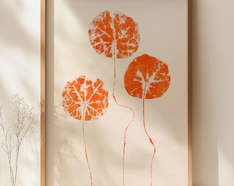 Red Minimalist Monotype Print Japandi Circle Leaves Relief Plant Original Artwork Bedroom Hallway Nordic Lodge Wall Art Decor One of a Kind