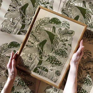 Linoleografia Botanica Verde Salvia Retro Fungo Stampa Artistica Fattoria Cucina Autunno Parete Ringraziamento Camera da Letto Decorazione Natura Auto Regalo